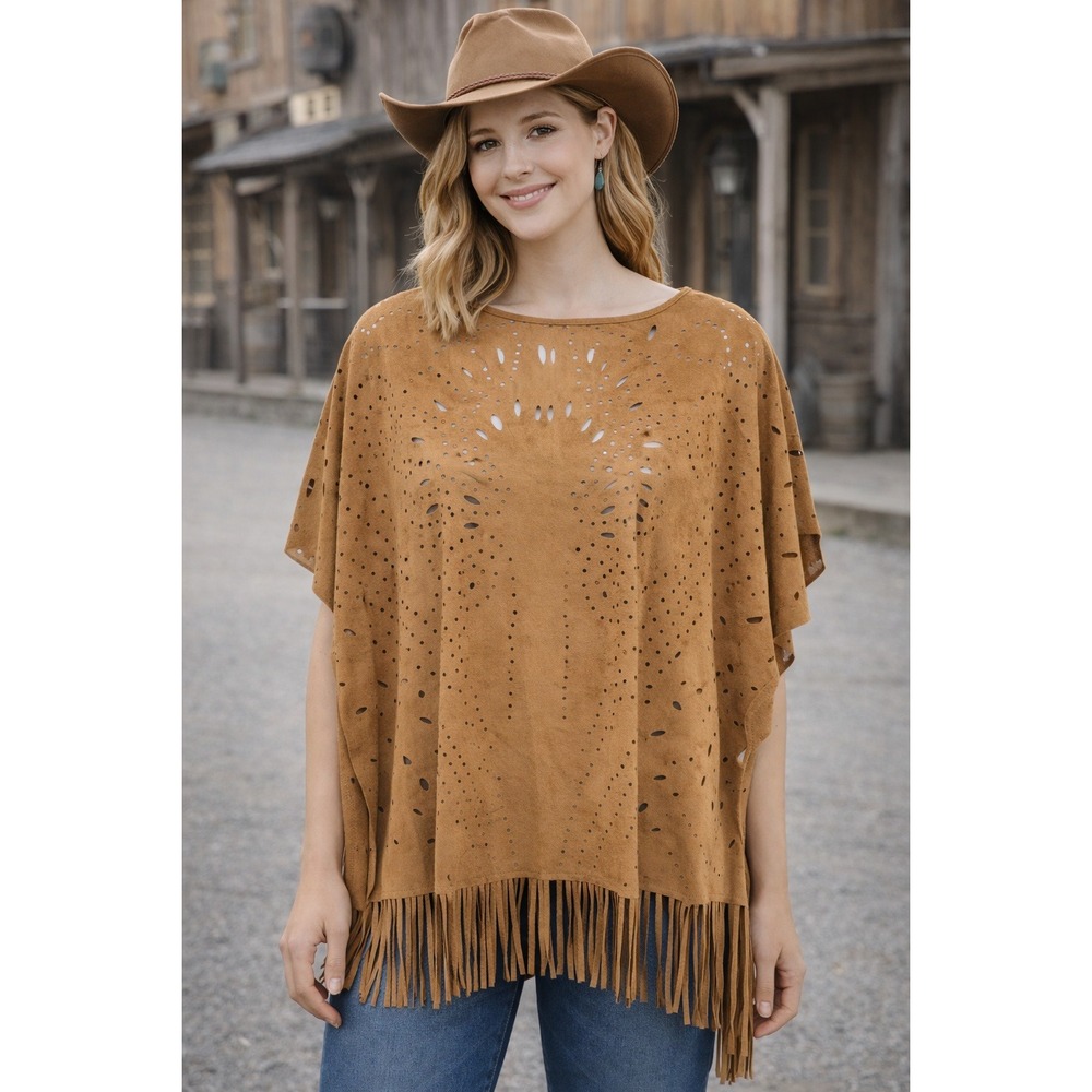 Wrangler‎ Womens Faux Suede Perforated Fringe Poncho Top Cognac Brown NWT